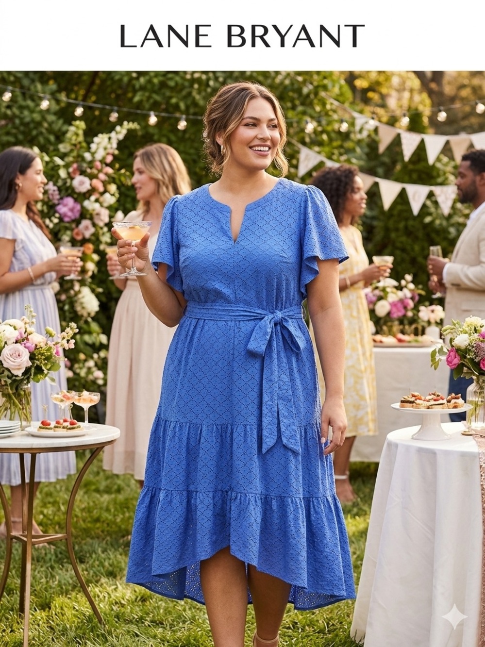 NWT Lane Bryant Royal Blue Eyelet Tie-Waist High-Low Dress